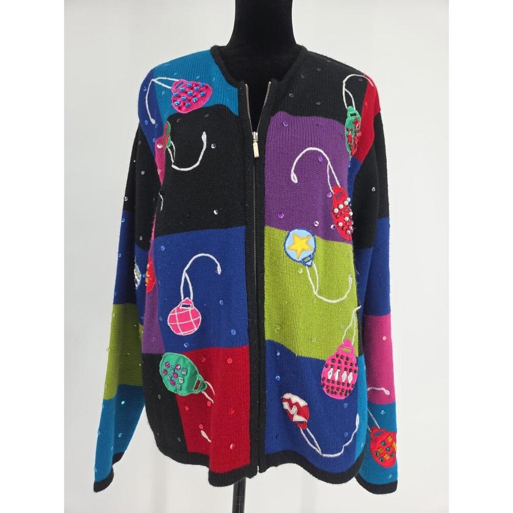 Vintage Ugly Christmas Sweater Cardigan Women's‎ XL Embroidered Holiday Themed